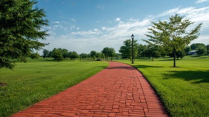 A scenic red brick pathway meanders through a lush green park under a bright blue sky.