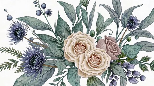 designed frame of creamy beige roses, anemones, dusty blue thistles, eucalyptus greenery, juniper, and brunia berries