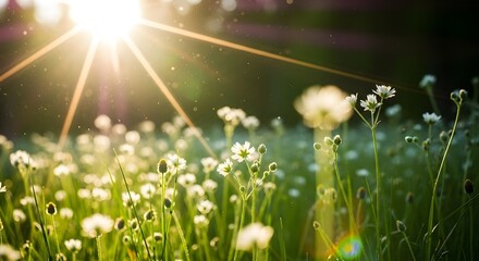 Sunbeams shine down on a lush field of small white wildflowers
