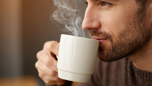 Bearded man sipping coffee from a steaming mug, steam curling around his face.