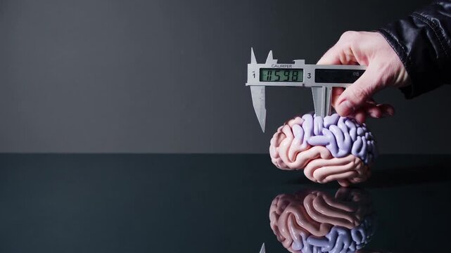 Anatomically Correct Human Brain Replica Undergoing Precise Measurement with Caliper on Dark Workspace