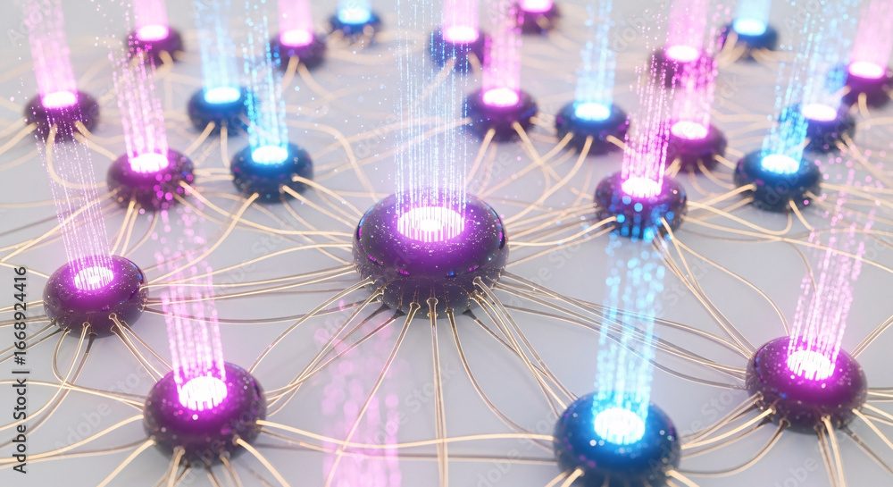 Fototapete illuminated network nodes connected by wires emitting light beams in a grid structure arrangement