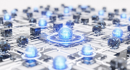 A digital network with glowing blue spheres and dark cubes interconnected on a circuit board design