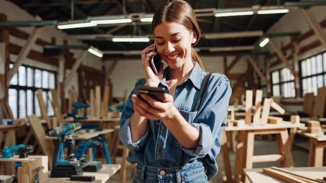 cropped shot of attractive young female carpenter holds her credit card, talking on her phone while online shopping in her workshop