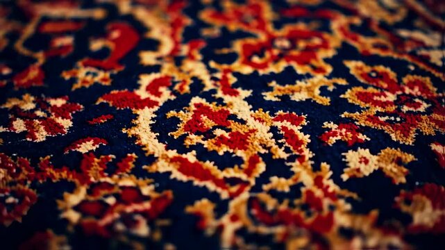 Detailed close-up of a richly patterned persian rug displaying intricate floral motifs and vibrant