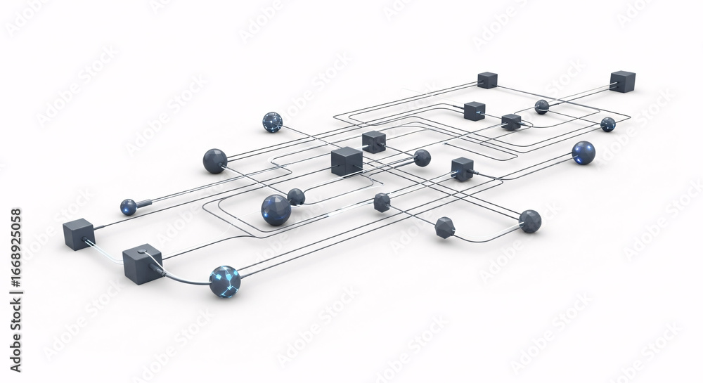 Aufkleber abstract network connecting cubes and spheres with light effects on a white background design concep