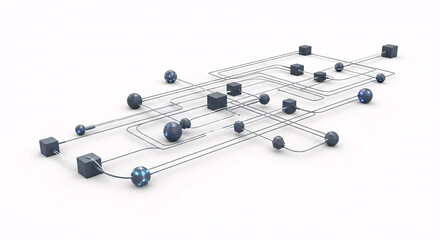 Abstract network connecting cubes and spheres with light effects on a white background design concept