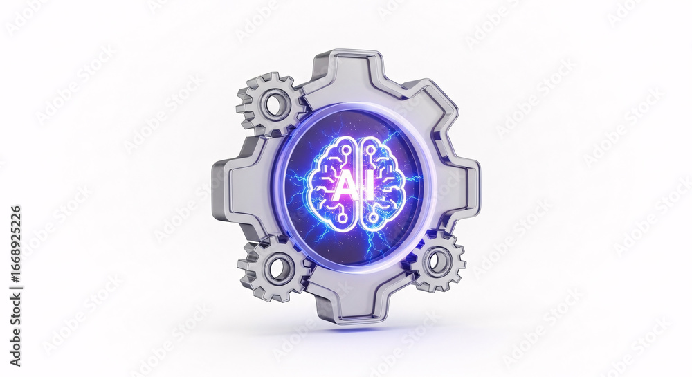 Aufkleber ai brain inside a gear with lightning bolts on a white background in a digital rendering