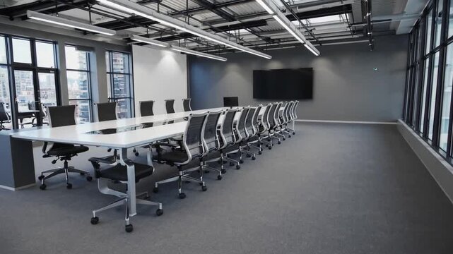 modern gray office workplace featuring meeting room, rows of white computer desks, loft windows, and gray carpet