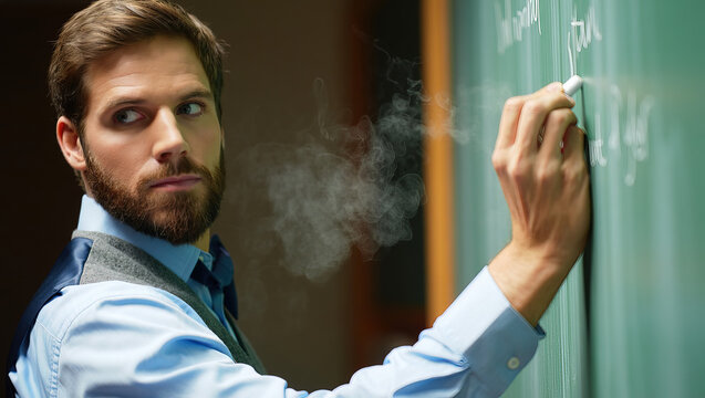 Teacher writing on chalkboard, chalk dust in air, serious expression.