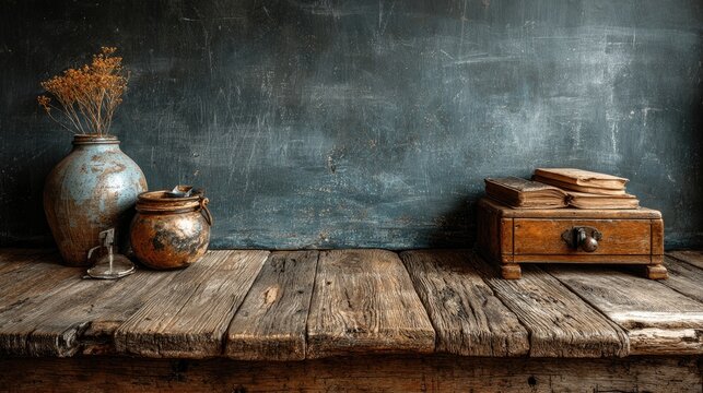 Empty chalkboard on wooden teachera??s desk in classroom, copy space