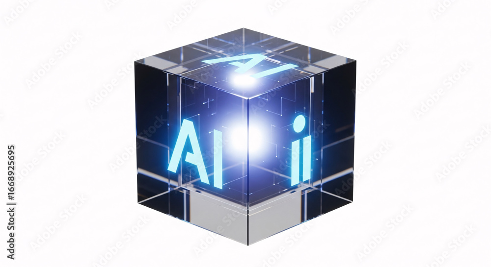 Poster glowing ai text inside a transparent cube against a plain white background in a studio shot