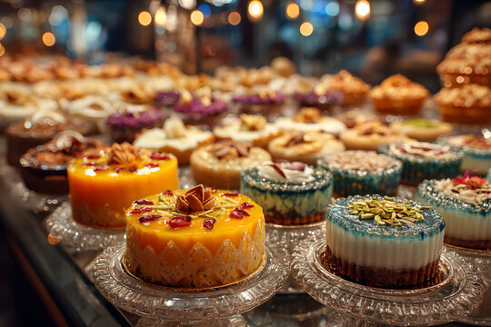Many delicious traditional indian sweets and dessert at storefront at asian fod market