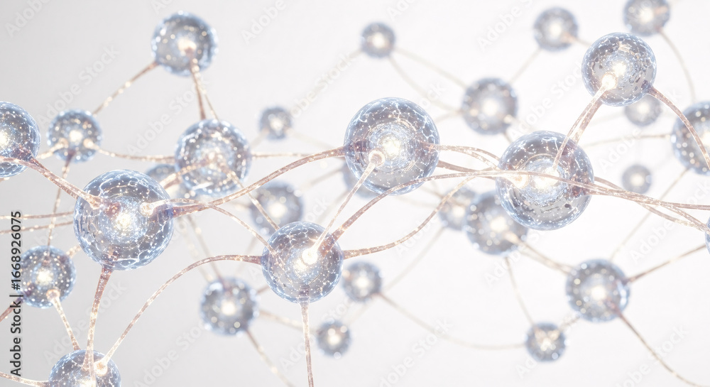 Poster close up view of interconnected spheres with glowing centers on a white background design element