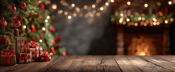 Rustic wooden table with Christmas presents, decorated tree, and warm fireplace in background