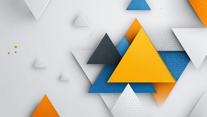 Abstract geometric artwork featuring overlapping triangles in shades of orange, blue, gray, and white on a dotted white background