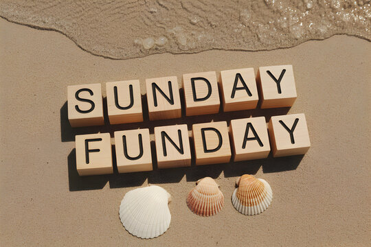 Blocks spelling Sunday Funday on a beach with three clean seashells