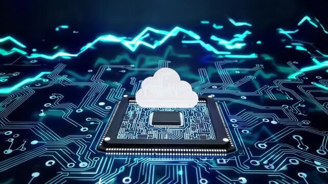 symbolic representation for cloud-based data services superimposed on central processing unit background