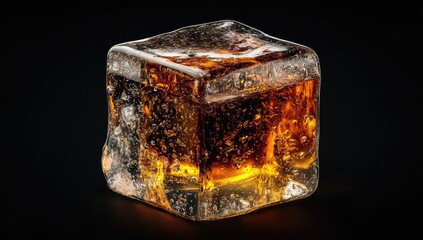 A translucent ice cube encases a dark amber liquid, showcasing internal bubbles and a slight glow against a black backdrop