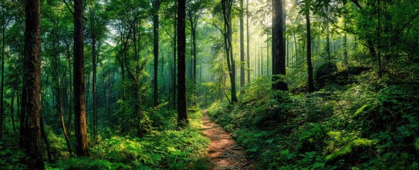 Obraz premium Sunlit path winds through lush, verdant forest; tall trees, mossy undergrowth