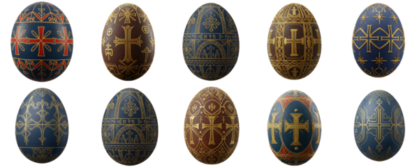 Set of Coptic Traditional Easter Eggs in various designs and colors on a transparent background