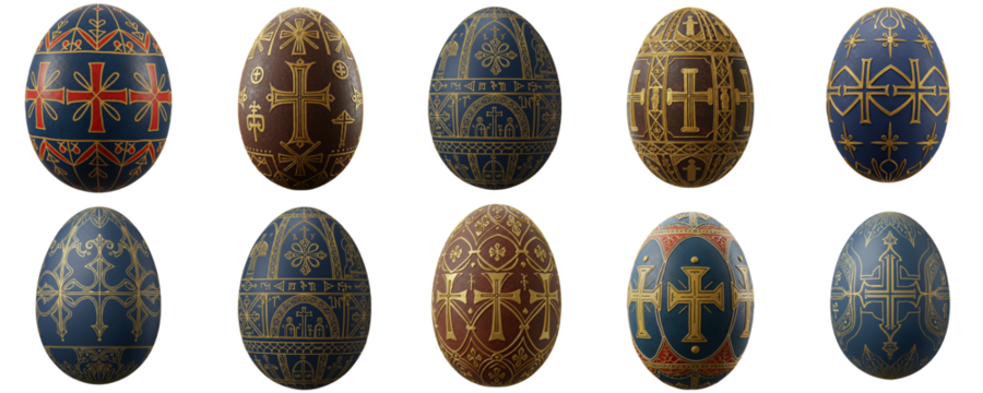 Set of Coptic Traditional Easter Eggs in various designs and colors  on a transparent background