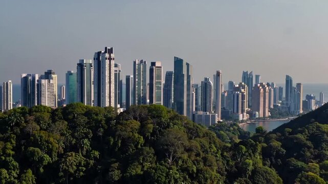 Vista of the Littoral Rain Woodlands and the Historical Ancon Hill at the Access of the Interoceanic Passage on the Pacific Side, with the Skyline of the Contemporary Metropolis in the Distance