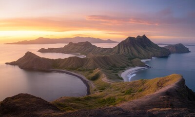 Sunrise over a dramatic archipelago. Lush green islands, dramatic volcanic peaks, and a calm ocean meet at a stunning sunrise