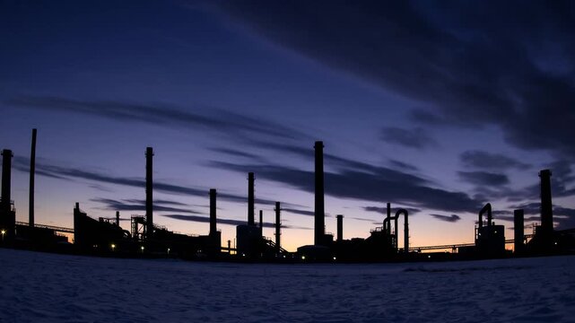 Industrial zone landscape during the sunset hours in the cold season