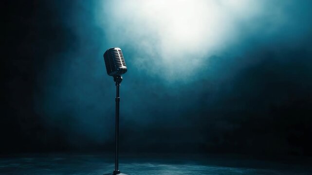 Retro microphone on stand with spotlight and fog in background