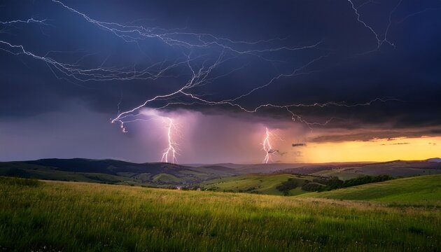 dark lightning storm illuminates the skies above a serene natural landscape at dusk casting an awe inspiring display of nature s power over rolling hills and fields