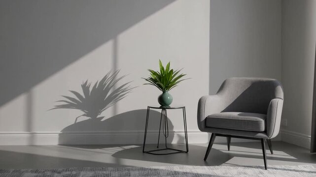 3D rendered living room interior featuring white plaster walls, armchair, and decorative elements