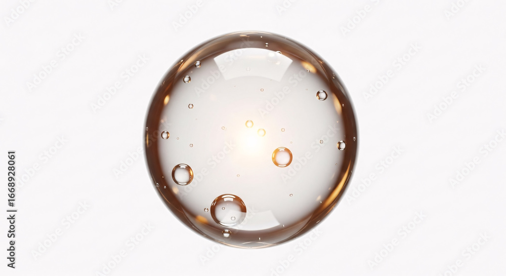 Poster a clear sphere with small bubbles inside against a bright white background in a studio setting