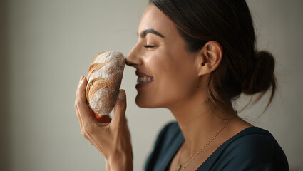 Woman smelling fresh bread loaf, blissful closed eyes.
