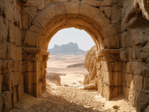 Ancient Stone Archway Leading to a Desert Landscape