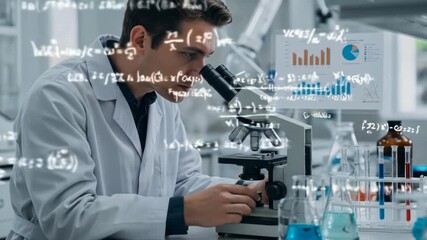Scientist Using Microscope in Lab with Equations Overlay - A male scientist in a lab coat is using a microscope, with complex mathematical equations and scientific graphs superimposed onto the scene. - Powered by Adobe