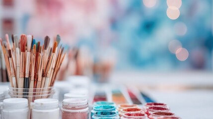Art supplies on a table showcasing brushes and paint jars in a creative space