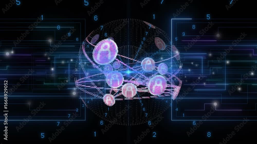 Aufkleber on scene load globe rotating with orbiting user-icon nodes glowing lines visualizing network flow