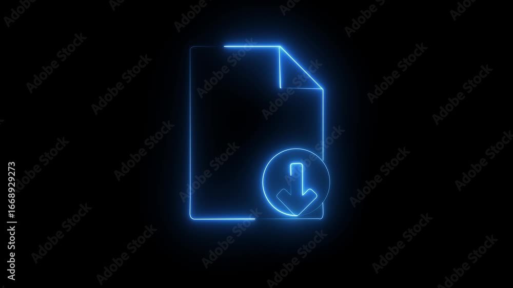 Poster neon blue arrow symbol animation icon. black background with arrow direction down .bouncing down ico