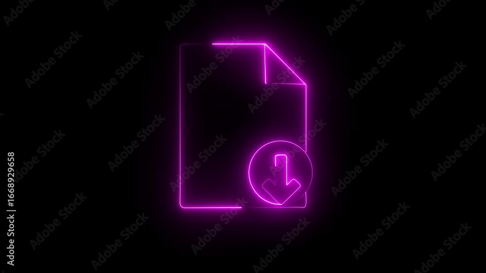 Poster file sharing or transfer animated in glowing neon line .glowing neon pink document download icon wit
