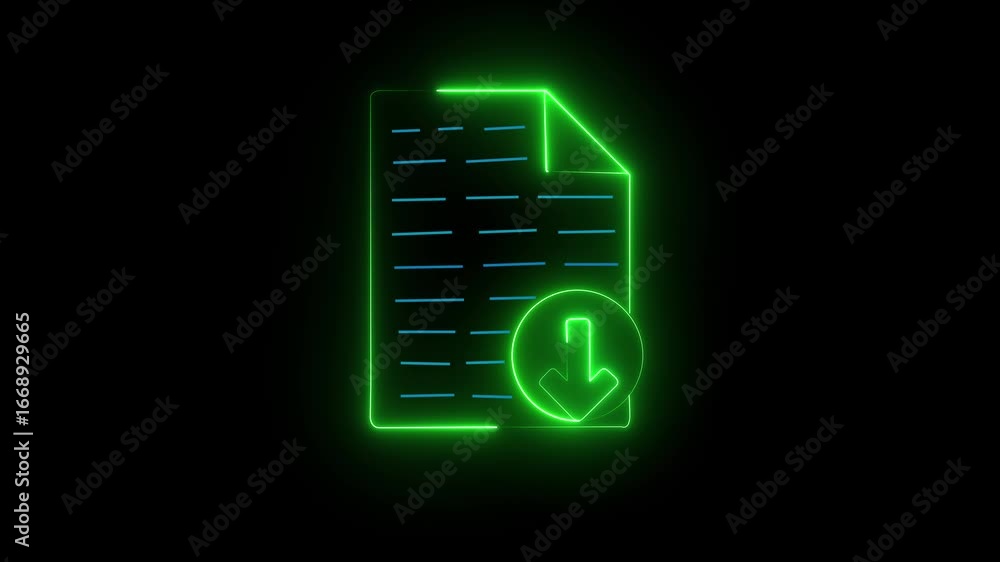Poster neon green color file documents uploading icon animation on black background ,down arrows icon. down
