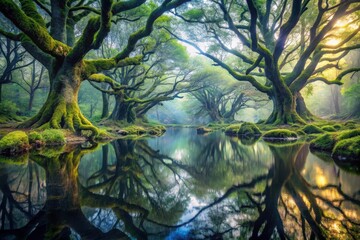 Magical forest with ancient mosscovered trees forming an archway over a calm river reflecting the scene