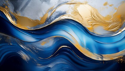 bold blue and gold hues intersect with silver textures creating an eye catching abstract design the smooth layered appearance adds depth and movement to the artwork