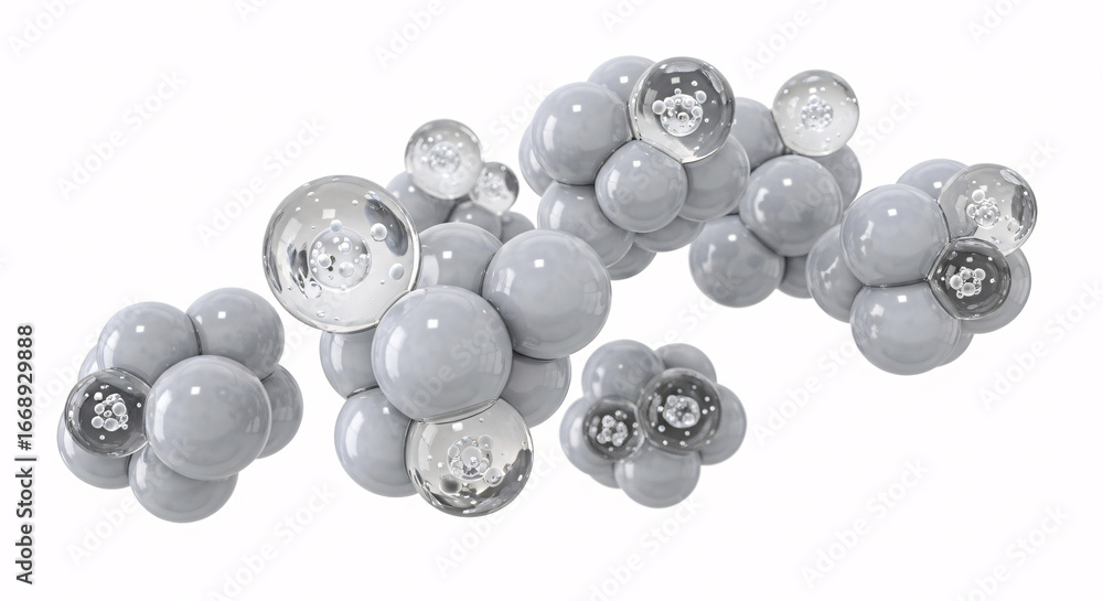Poster clusters of gray spheres and transparent bubbles arranged on a white background in a studio shot