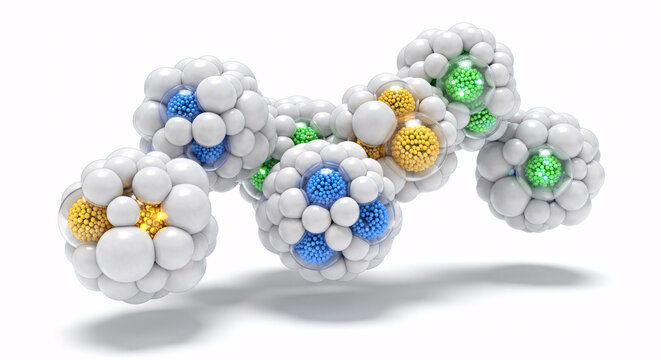Cluster of white spheres with blue green and yellow inner spheres on a white background render