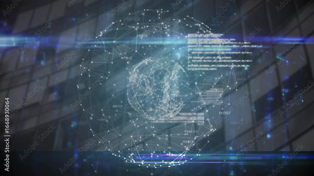 Aufkleber opening showing points connecting into globe rotating over glass facade for network visualization