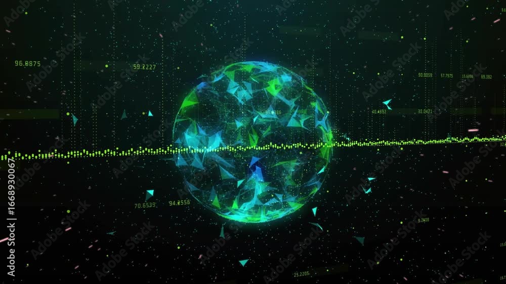 Aufkleber starting with faceted sphere displaying shifting facets and elevating waveform for data analysis