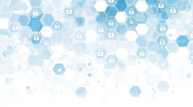 Abstract background of blue hexagons fading to white, densely packed and overlaid with padlock icons, suggesting security and data protection