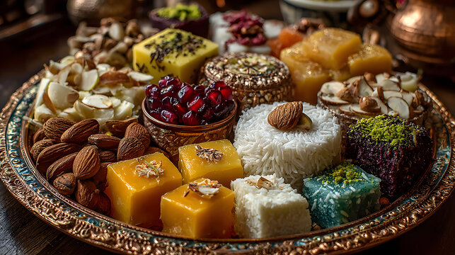 beautifully arranged platter of traditional Indian seets