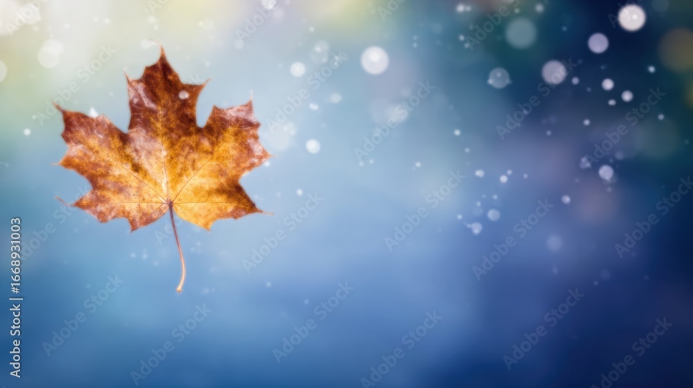 Poster floating autumn leaf against a soft blurred background with light bokeh effects